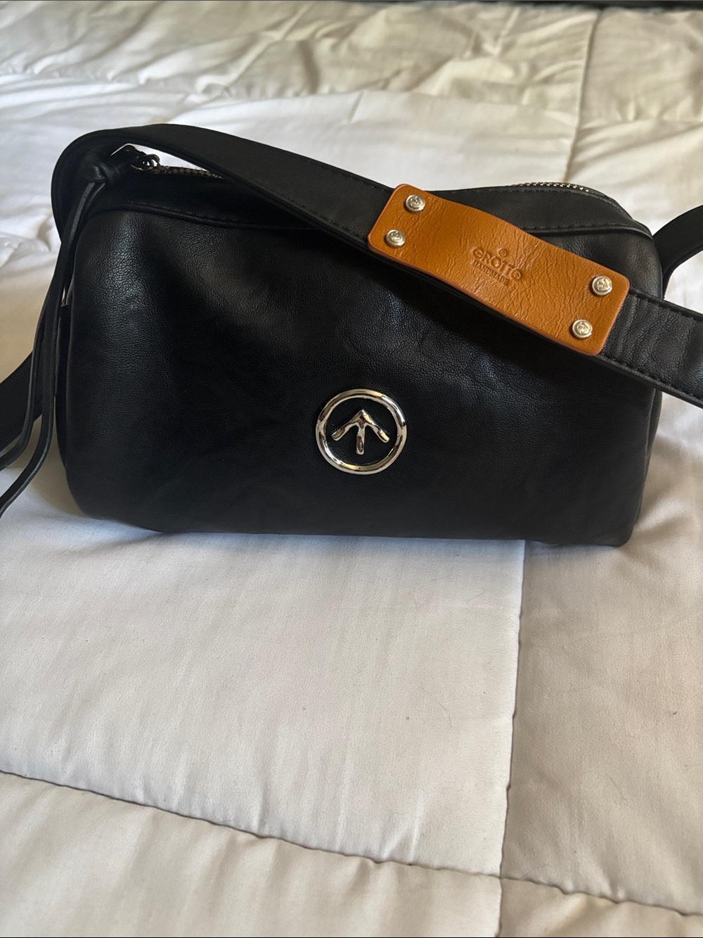 Grotto handmade Black Leather Crossbody Bag with Tan Accent